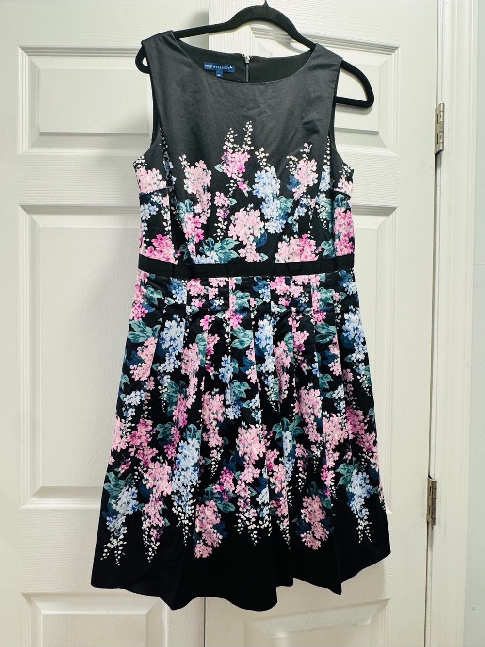 Talbots Black Floral Fit-and-Flare Dress with Pink and Blue Blooms